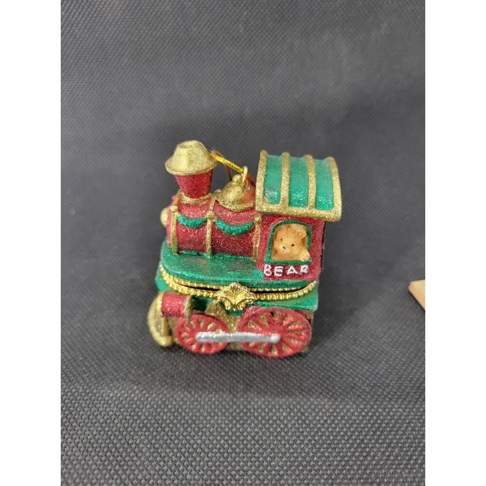 Small Metal Hinged Train Trinket Box w/ Bear Figure Red Green Gold